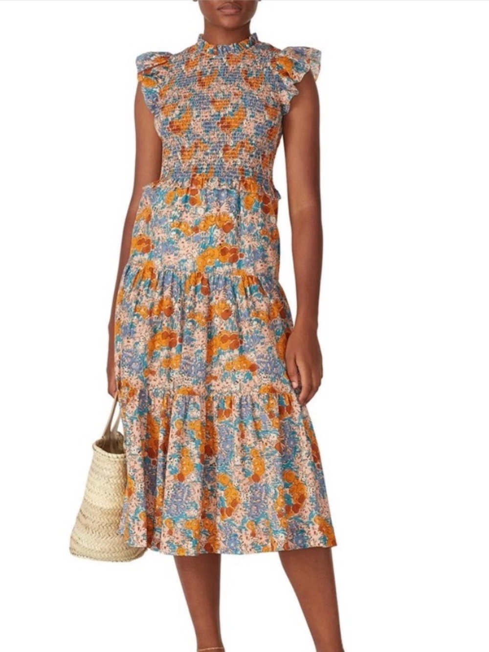 Sea New York Blue and Orange Floral Smocked Midi Dress
